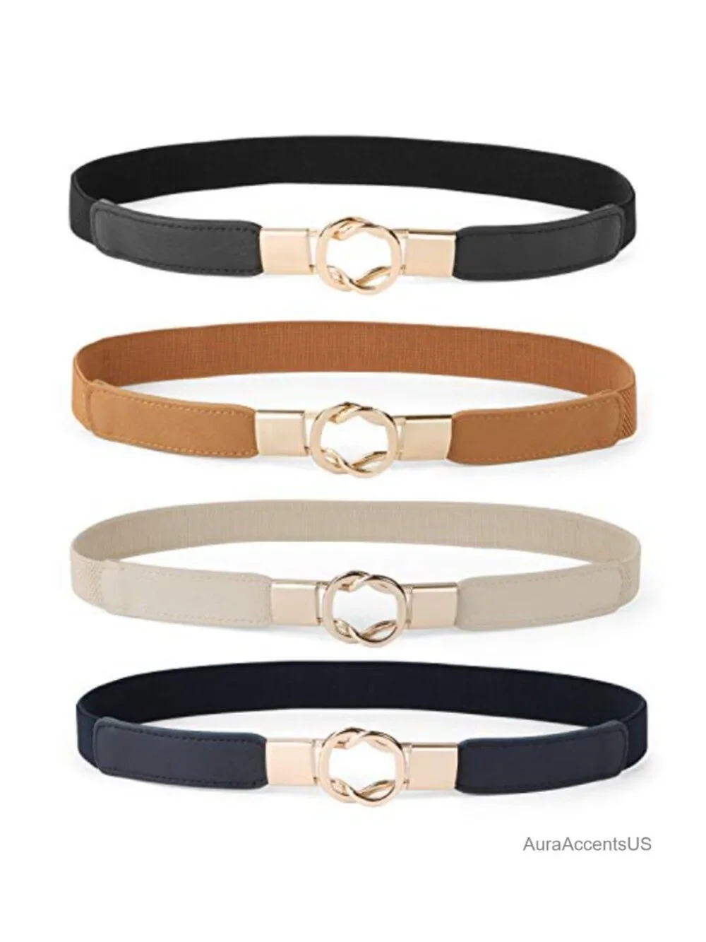 Women Stretchy Skinny Belt Set with Gold Buckle - Retro Elastic Belts for